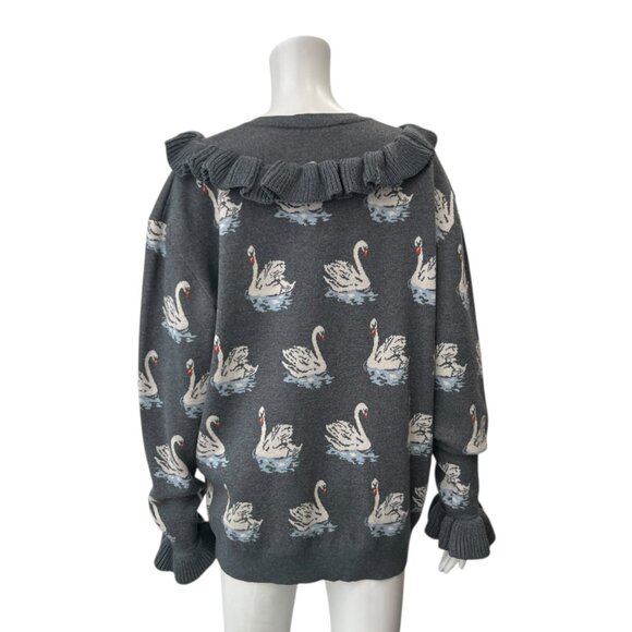$945 Stella McCartney Gray Swan Intarsia Knit Ruffle Wool Sweater size IT 46/10 - Picture 6 of 8